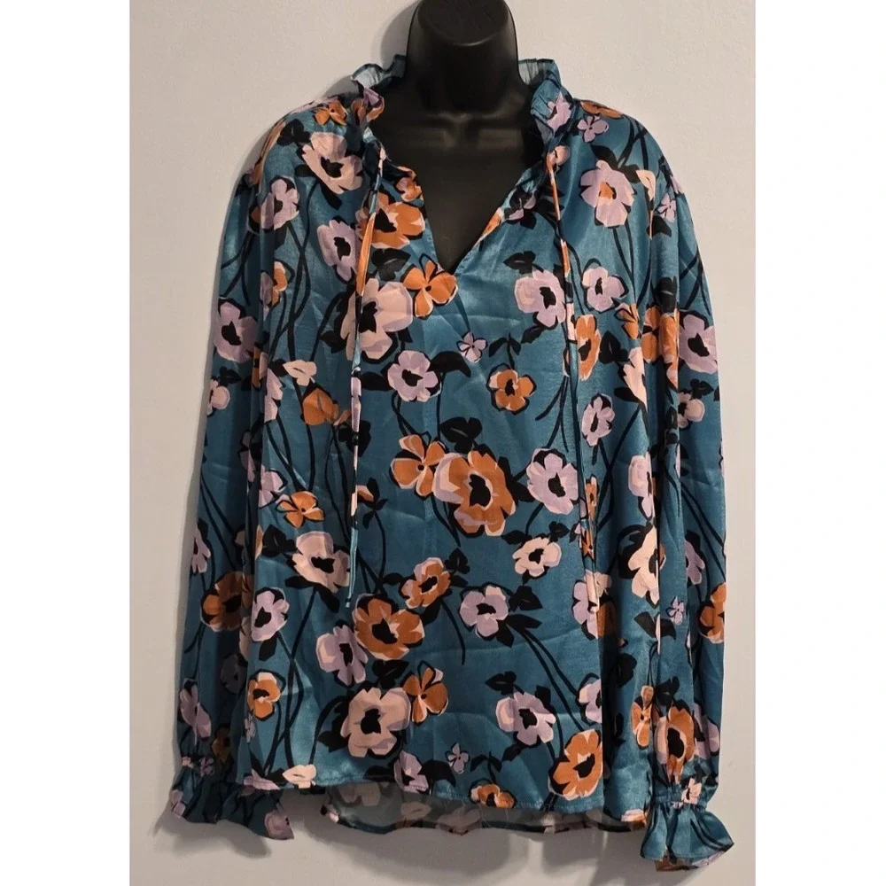 NWT FATE Women's Floral Long Sleeve Peasant Blouse Blue Orange White Size 3XL